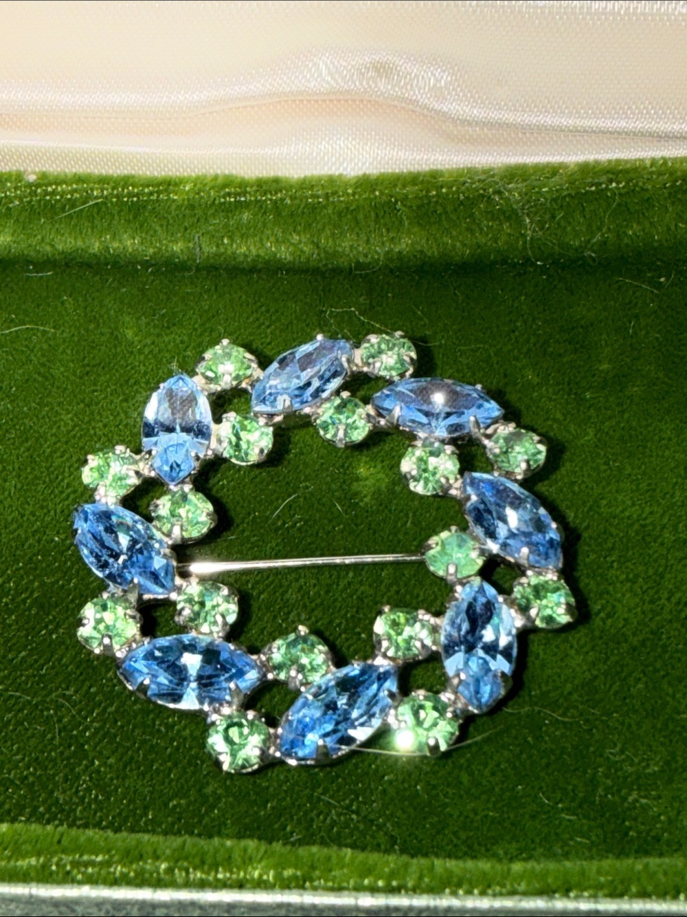 B David 1950 Blue and Green Crystal Wreath Brooch - Elegant Women’s Jewelry